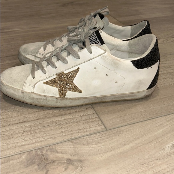 Golden Goose White Sneakers with Gold Star and Black Glitter Heel Tab Size 39 - Picture 4 of 14